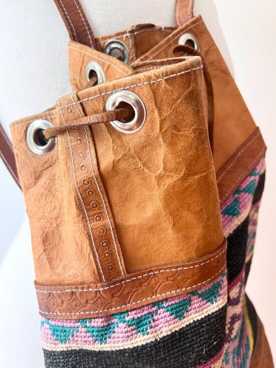 vintage Kilim brown leather back pack shoulder bag AS IS main image 12